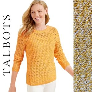 TALBOTS Pointelle Marl Yellow/White Crewneck Sweater Long Sleeves Size Large